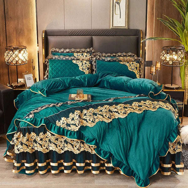 The Sovereign — Crystal Velvet Gold-Lace 4-Piece Bedding Set