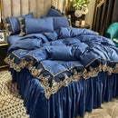 The Élodie Sapphire Blue ice-silk bed skirt set